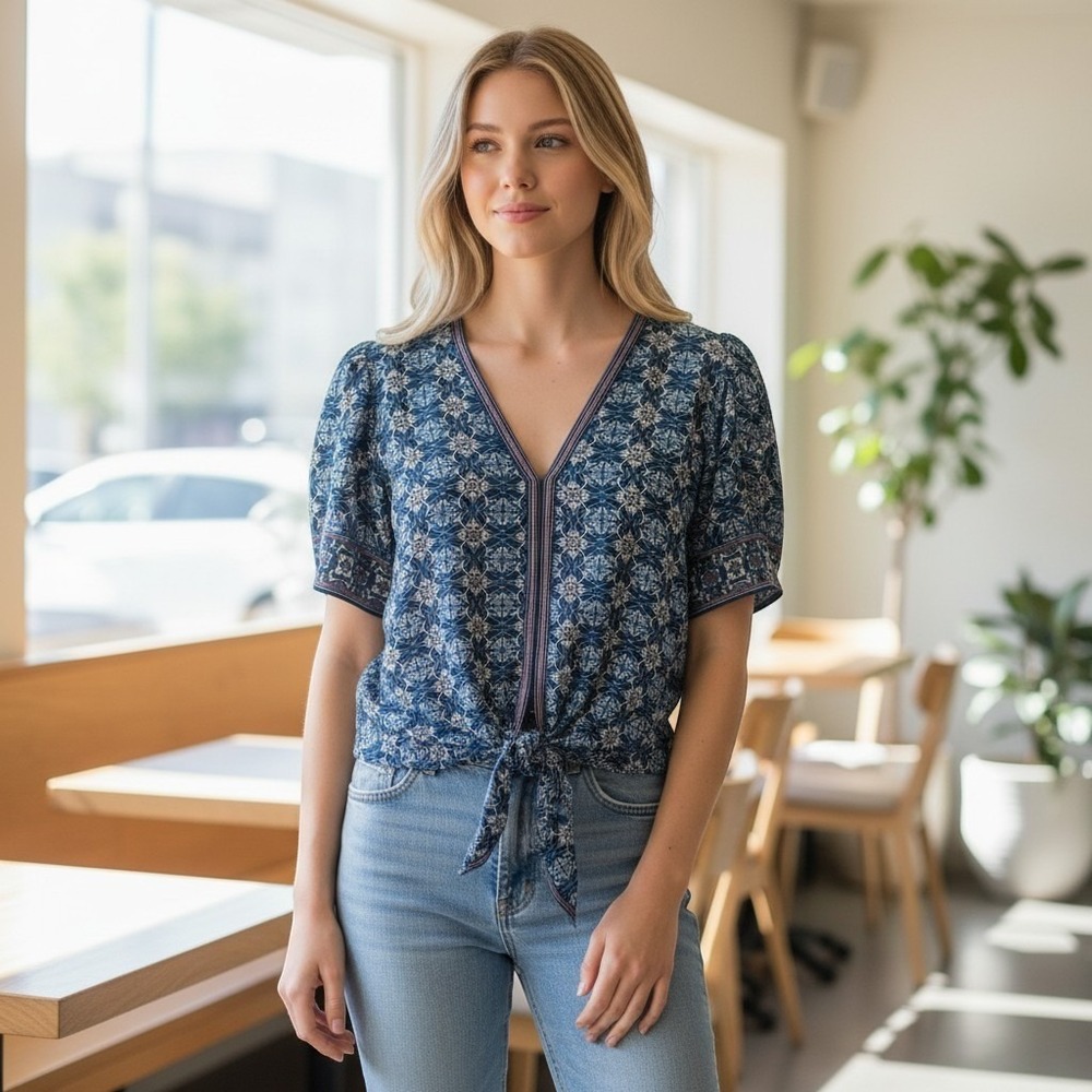 Max Studio Floral Tie-front‎ Blouse Short, Wide Sleeves V-neckline Boho Sz S